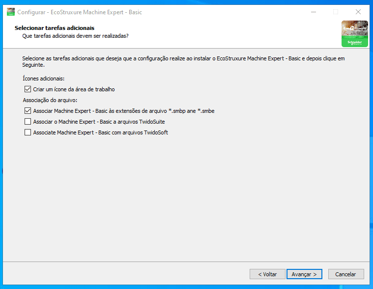 Configurações que o machine expert basic irá executar quando for instalado.