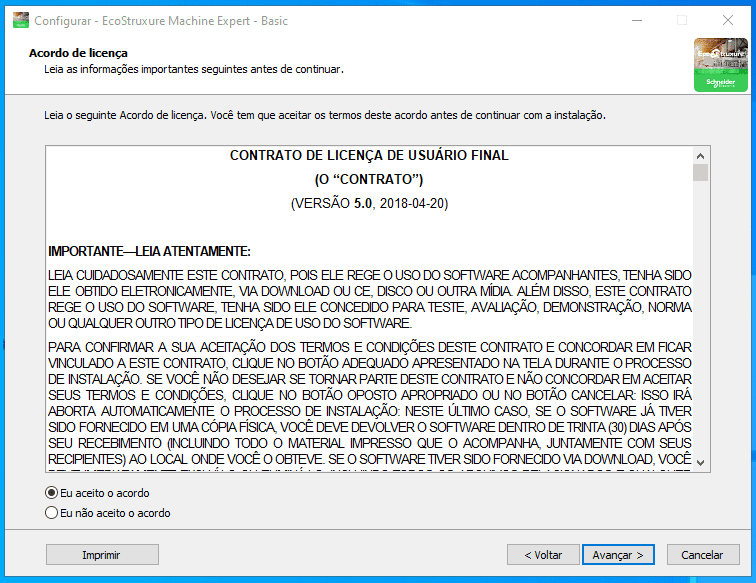 Acordo de licença para instalação do 