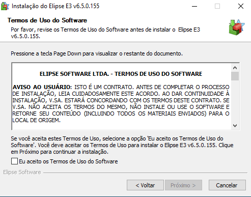print que mostra o acordo de licença para instalação do elipse e3
