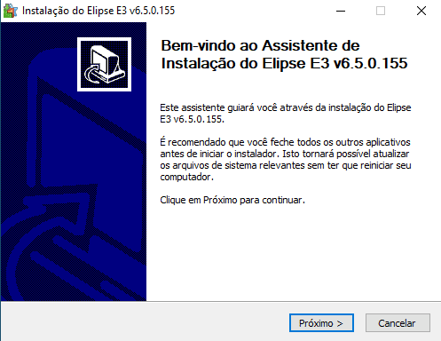 print que mostra o assistente de instalação elipse e3