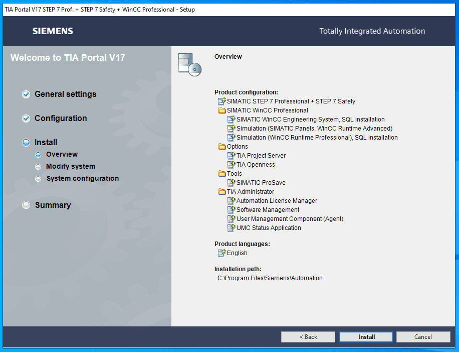 Print que mostra overview de configuração para TIA Portal V17.