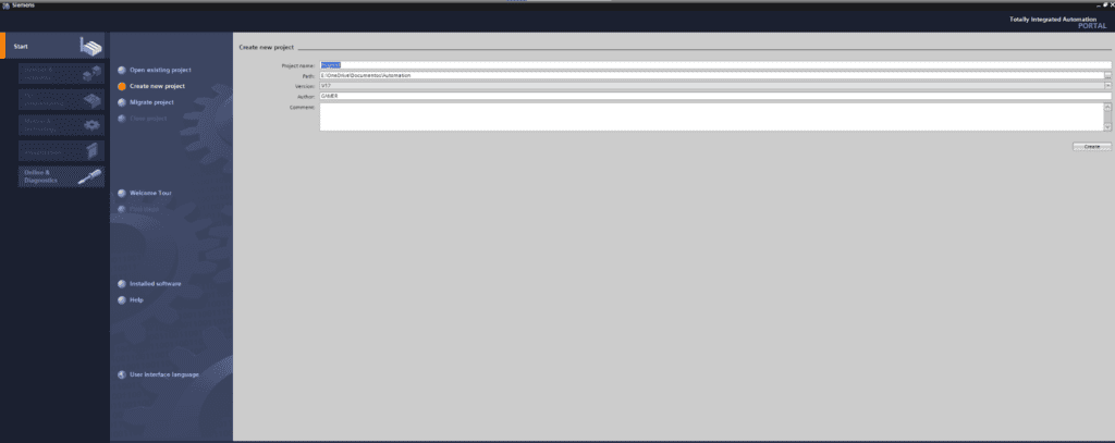 print que mostra tela de inicialização do TIA PORTAl v17.