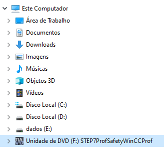 print que mostra a unidade de DVD do STEP7 montada no Windows 10.