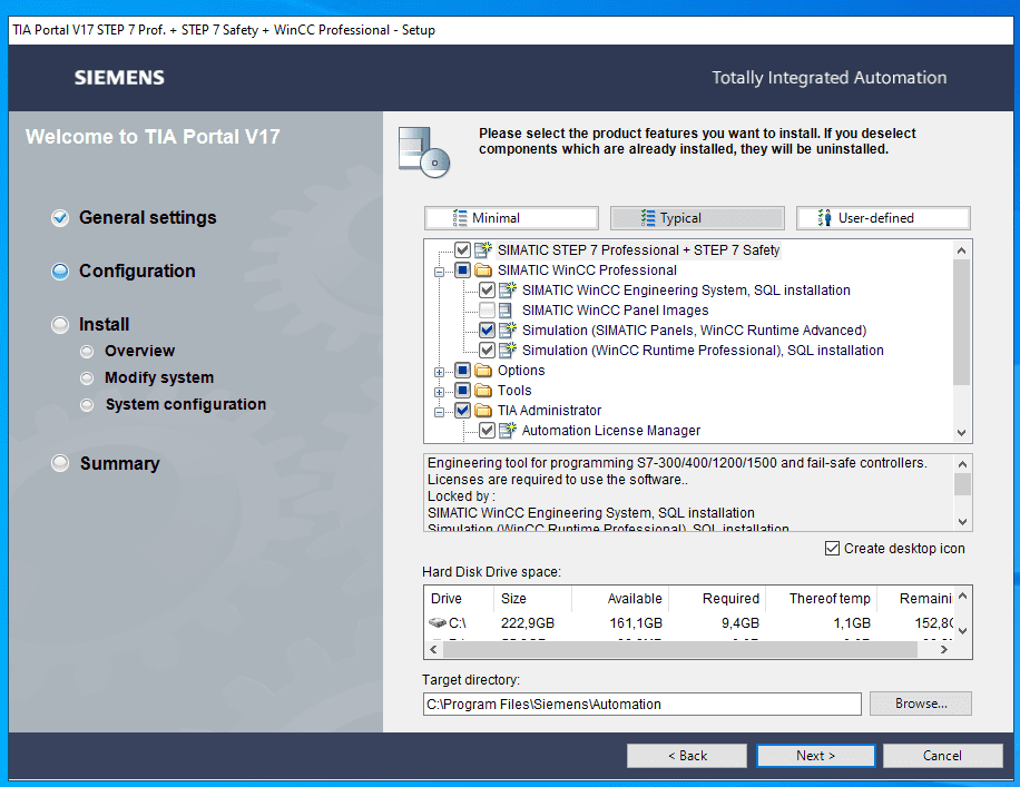 print que mostra opçoes padrão de configuração do TIA Portal Siemens v17.