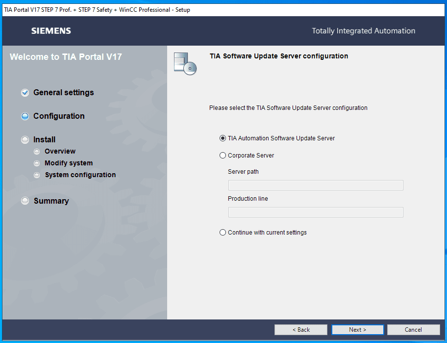 print que mostra a escolha do servidor e configuração do TIa Portal V17.
